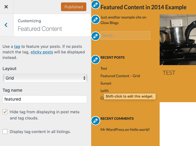 Screenshot of customiser. TwentyFourteen Theme, Featured Content section. 