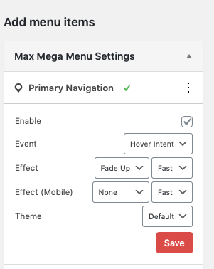 Max Mega Menus Settings Screenshot