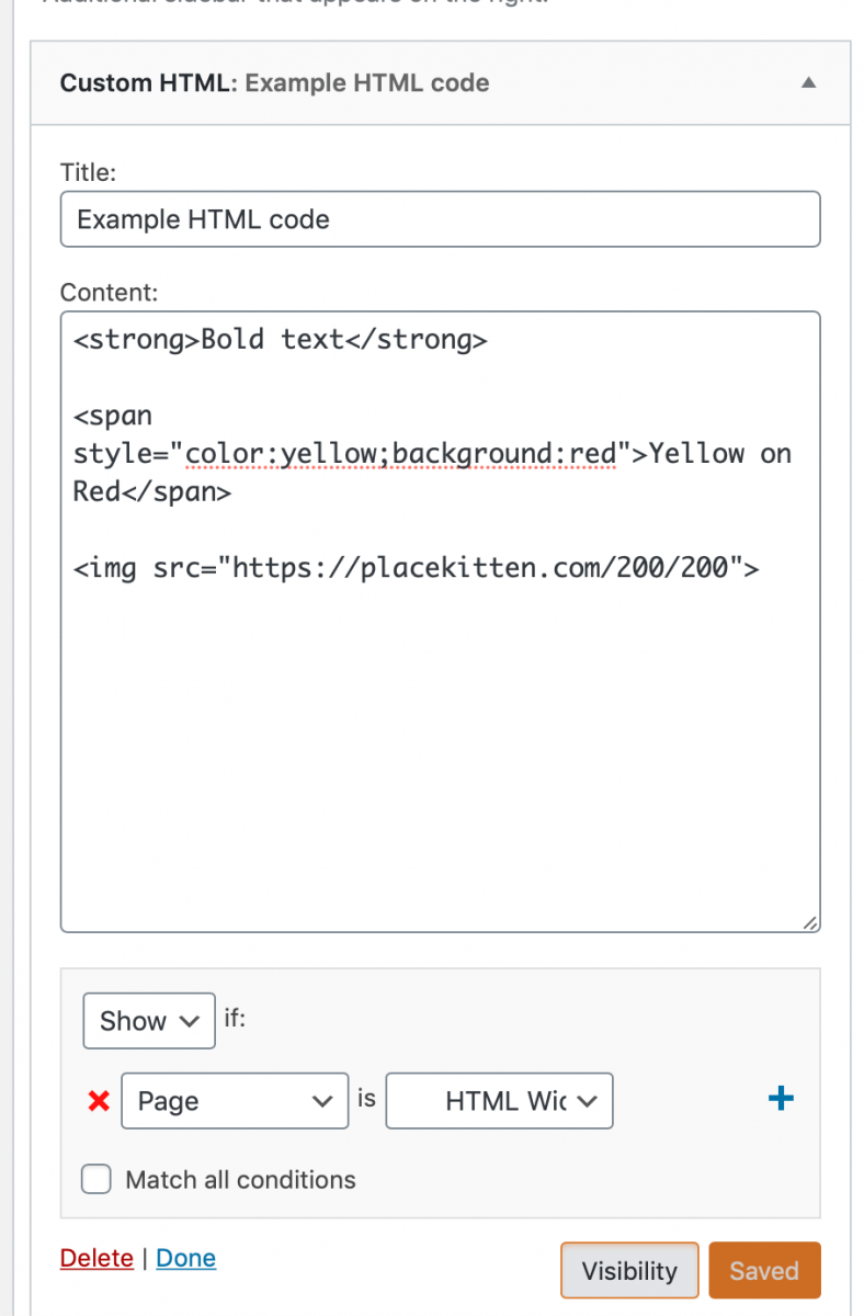 Screenshot of HTML widget being edited