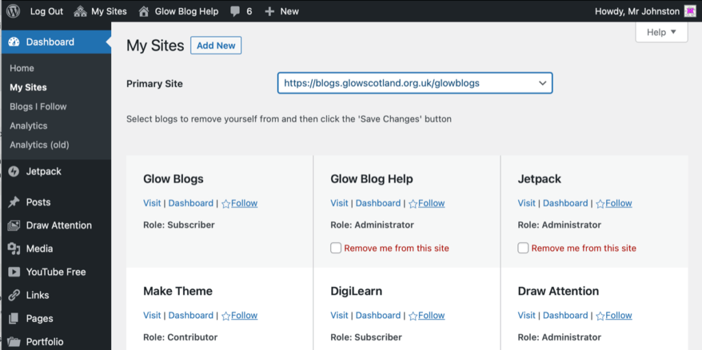 Screenshot of the My Sites page in Glowblogs