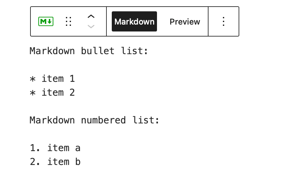 A screenshot of a markdown block being edited to show a list.