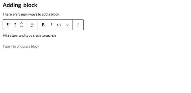 Animated gif of using the slash command to add a block in Glow Blogs/WordPress