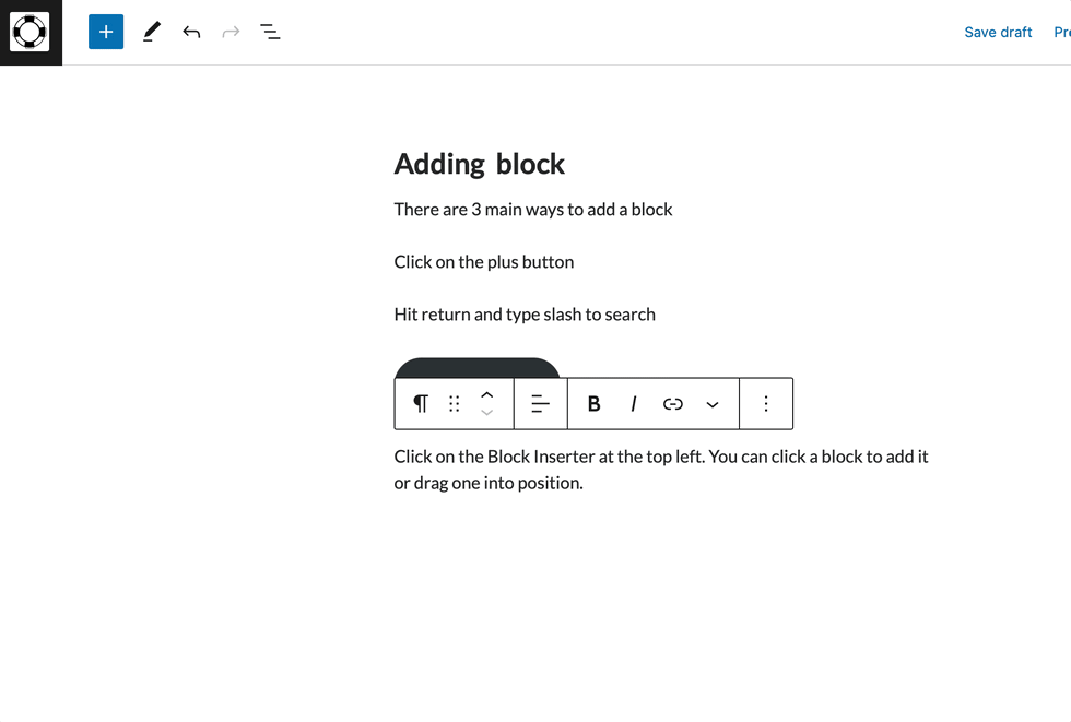 Animated Gif of the Block inserter in Glow Blogs/WordPress