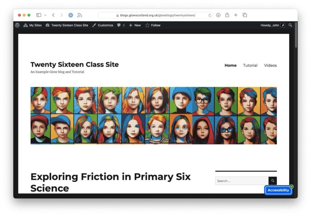 Screenshot of TwentySixteen themed class blog