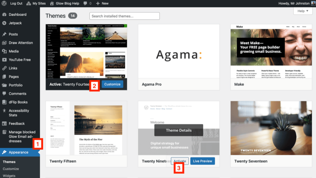 Screenshot of the Appearance->Themes page in the dashboard.