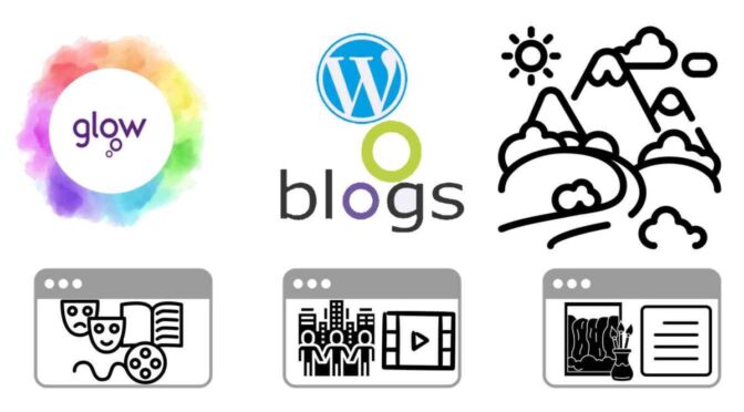 Header Image for Inspiration Page on Glow Blogs help: Various logos and icons including "glow", WordPress blogs, a nature scene, theater masks, people with buildings, and artist tools.