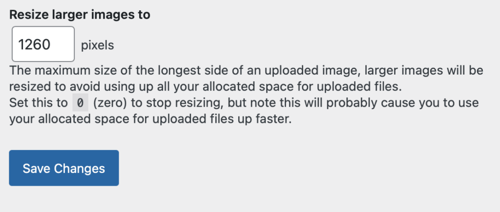 Screenshot of the "Resize Larger images to " section of the Media page of setting in the Glow Blogs Dashboard."