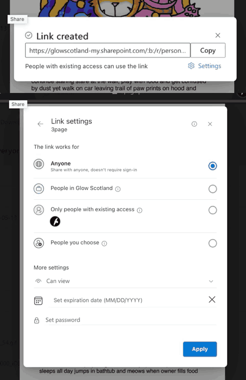 Screenshot of sharing a file in Onedrive