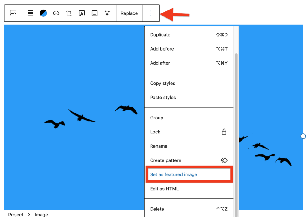 Screenshot of image block with options menu open. Red arrow pointing to vertical ellipses to open menu. Red box round the 'Set as featured image' menu item.
