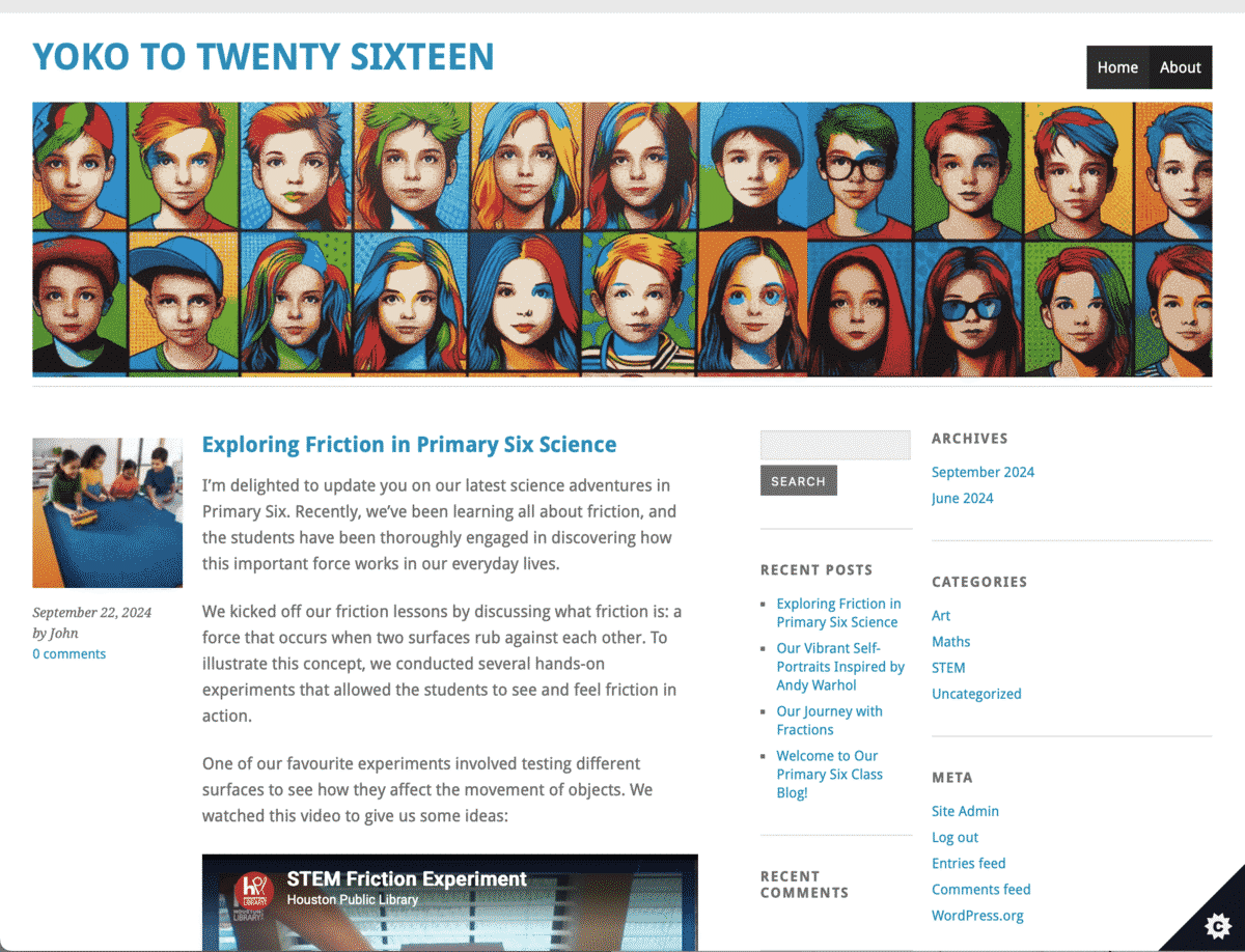 Screenshot of  an Example Glow Class Blog using the Yoko theme.