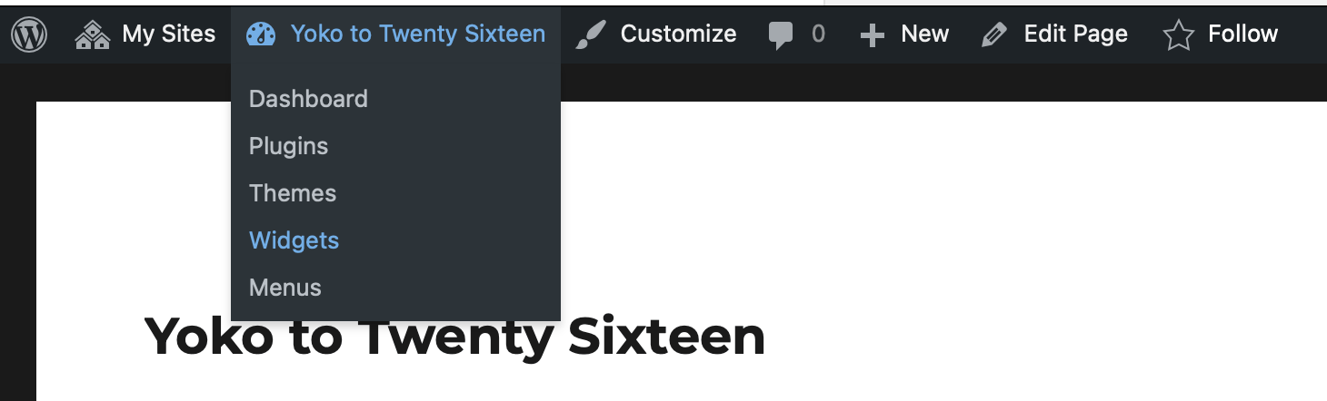Screenshot of the admin toolbar, withthe Dashboard sub menu open. 