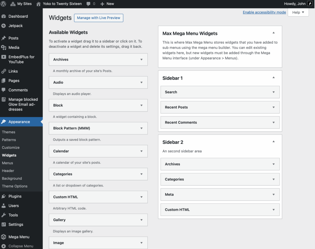 Screenshot of the widget Area on a glow blog using the yoko theme