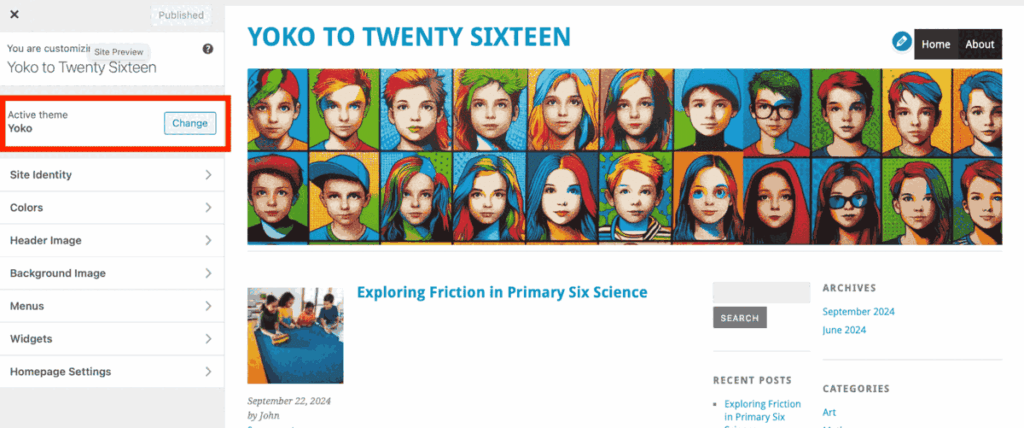 Screenshot of Class site in Glow Blogs the customizer is open and the Change Theme is highlighted with a red rectangle.