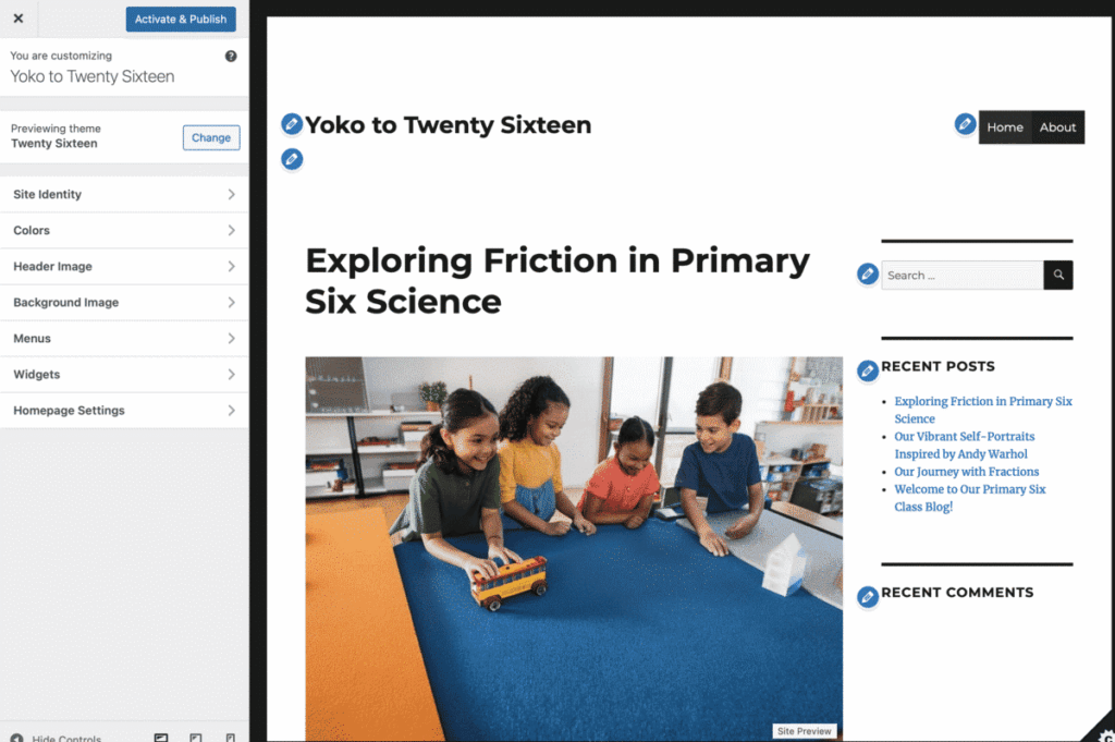 A screenshot of a class site in Glow Blogs, using previewing the Twenty Sixteen site. The Customiser is open.