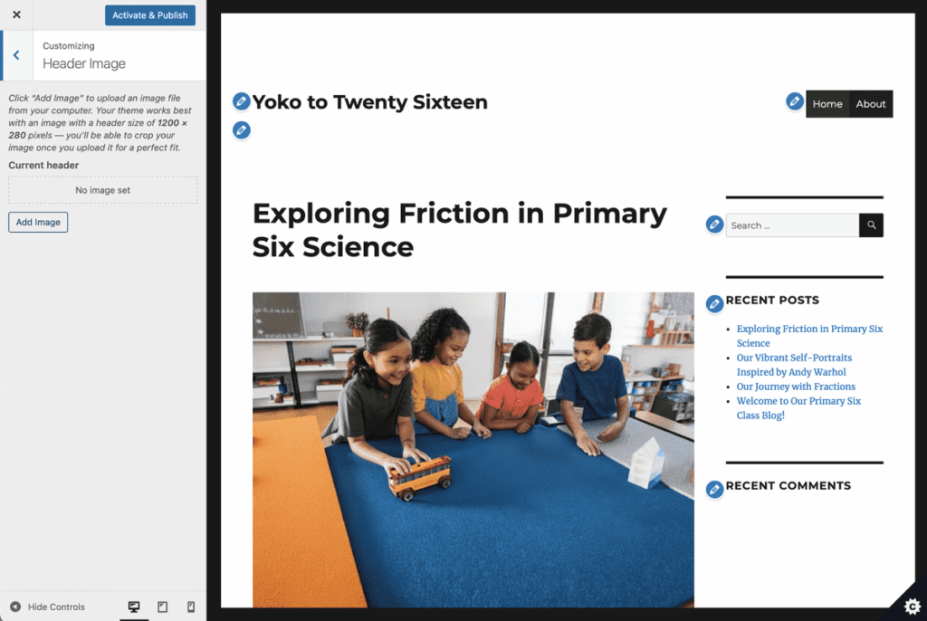 Screenshot of a Class site on Glow Blogs, the customiser is open at the Header section.