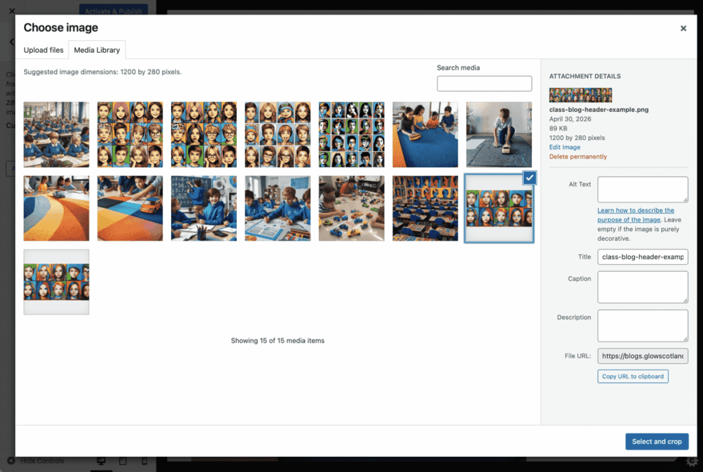Blogs Media libray showing Choose Image