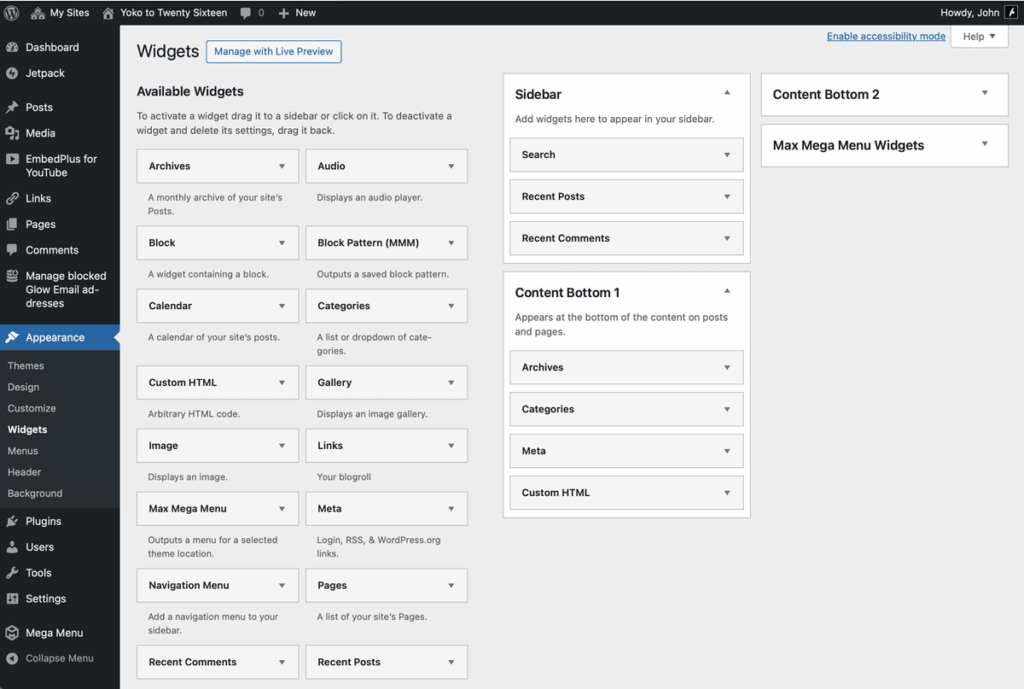 Screenshot of the widget Area on a glow blog using the twenty sixteen theme