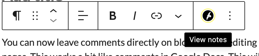 Screenshot of a blcok toolbar showingthat icon to indicate a note is attached.