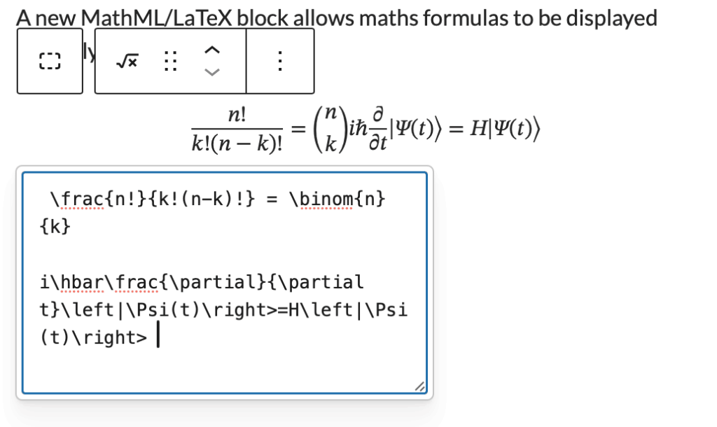 Screenshot of the maths block with preview