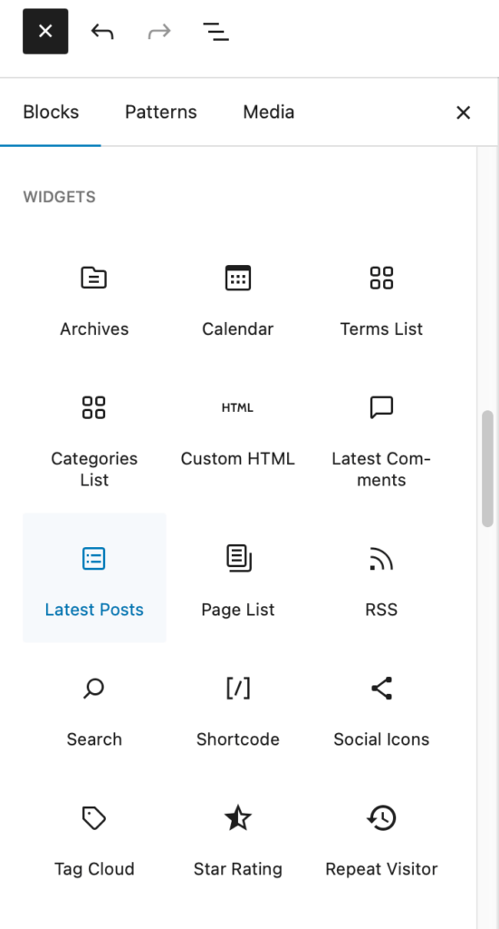 Screenshot of the Widget section of the Block inserter