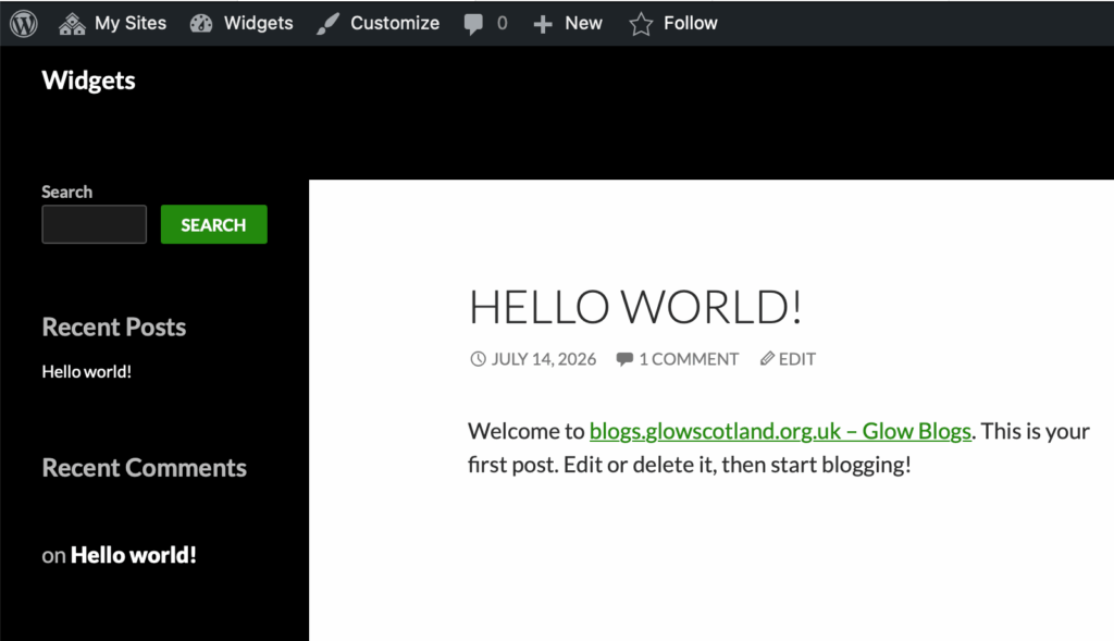 Screenshot of widgets on a newly created classic site.
