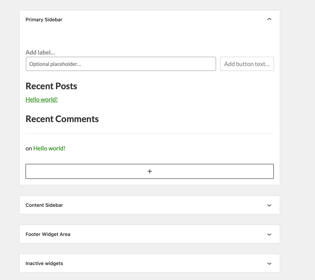 screenshot of the Widgets Area of the Dashboard. 