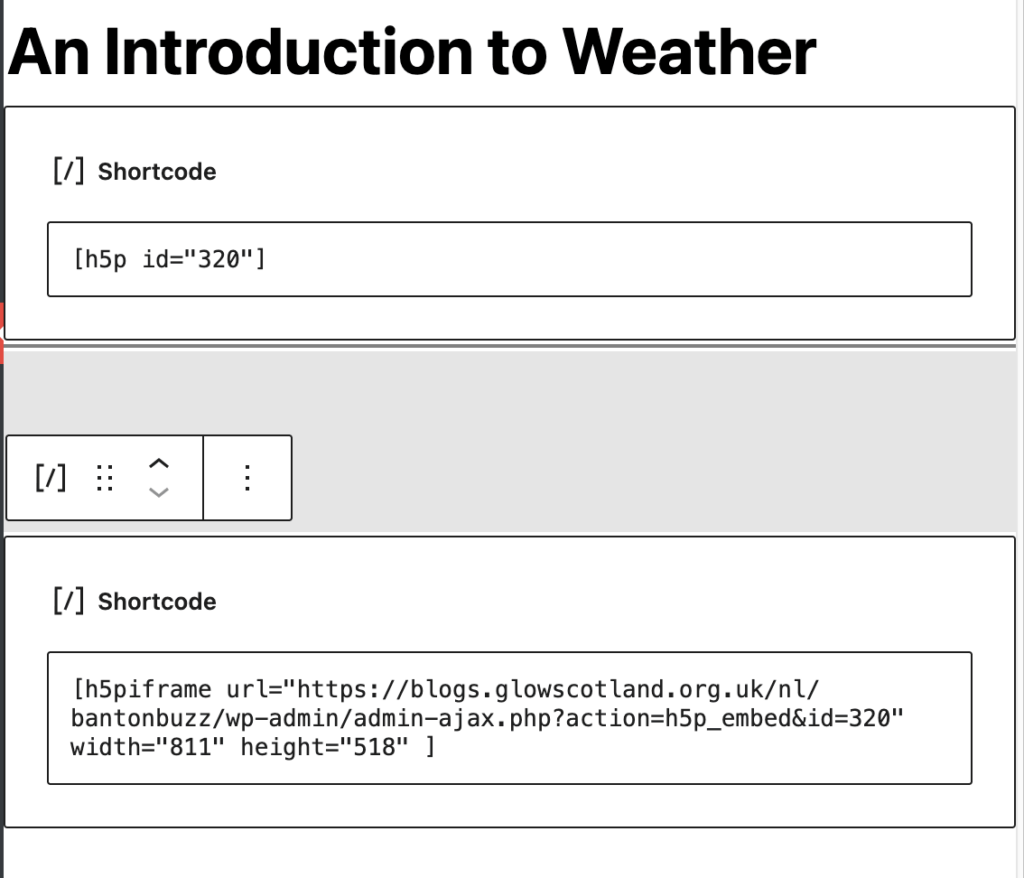 Screenshot of two shortcode blocks, one with original embed code the other with workaround.