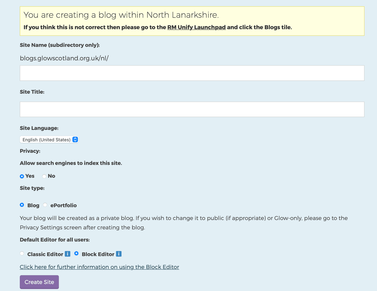Screenshot of Create A site page