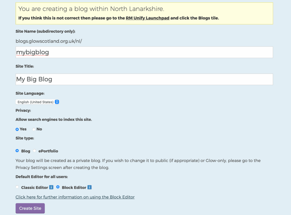 Glow Blogs, new blog page, with Site Title & Name filled in