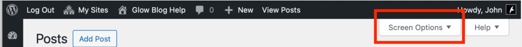Screenshot of the screen option on the top of the posts page of the dashboard-collapsed