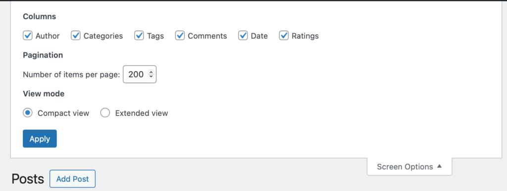 Screenshot of the screen option on the top of the posts page of the dashboard-expanded