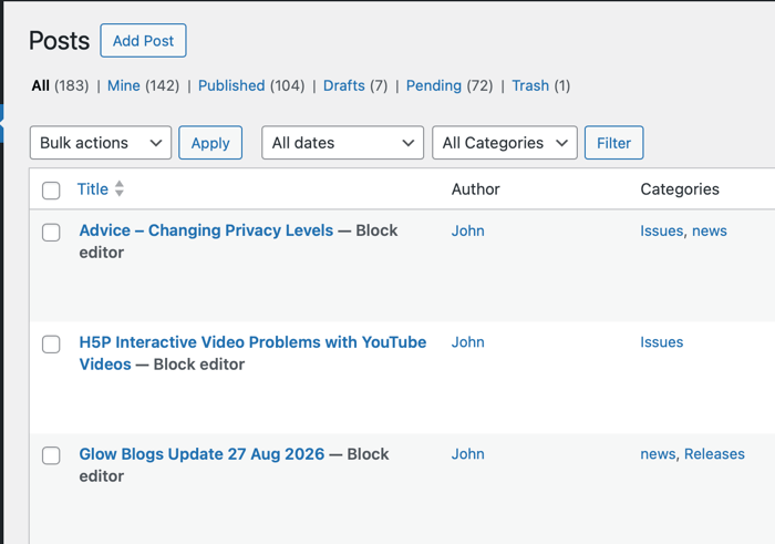 Screenshot of a section of the posts screen on the WordPress dashboard.