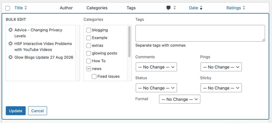 Screenshot of the Bulk Edit dialog on a WordPress posts page.