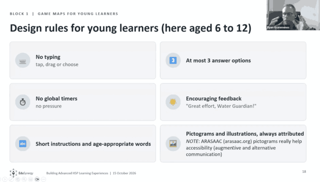 Screenshot of slide. Text:
BLOCK 1 | GAME MAPS FOR YOUNG LEARNERS
Design rules for young learners (here aged 6 to 12)
Ryan Grammenos
No typing
tap, drag or choose
At most 3 answer options
No global timers no pressure
Encouraging feedback
"Great effort, Water Guardian!"
Short instructions and age-appropriate words
Pictograms and illustrations, always attributed NOTE: ARASAAC (arasaac.org) pictograms really help accessibility (augmentive and alternative communication)