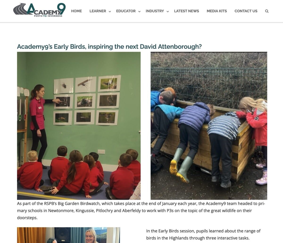 Screenshot of webpage: Academy9’s Early Birds, inspiring the next David Attenborough?