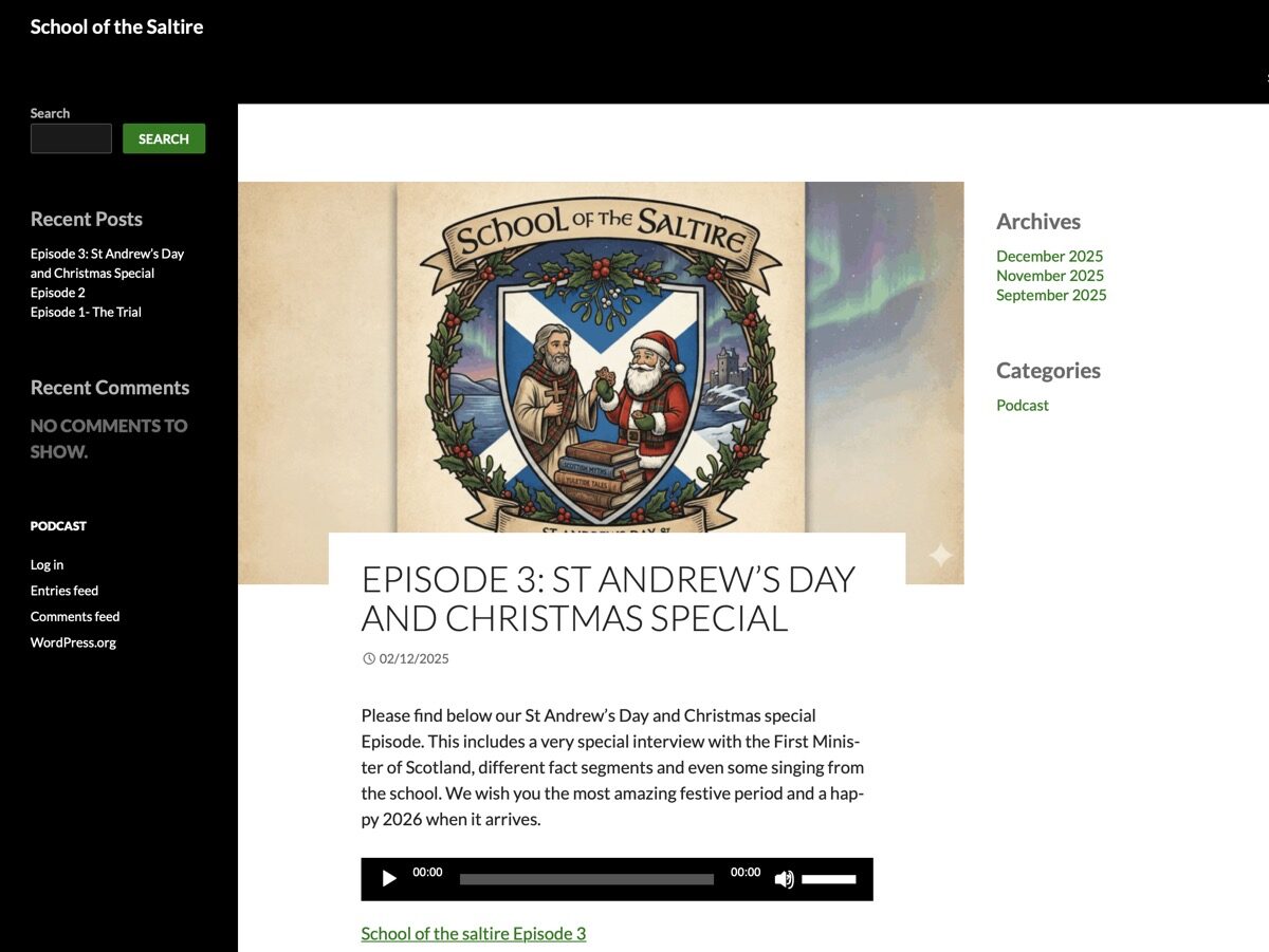 Sreenshot of webpage, episode 3 of the School of the Saltire podcast.