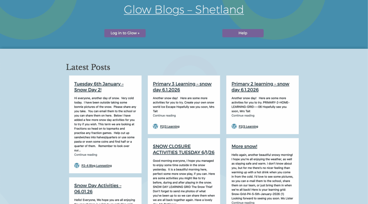 A screenshot of Glow Blogs Shetland Home page. All the latest posts are showing home learning and information for 'snow days'