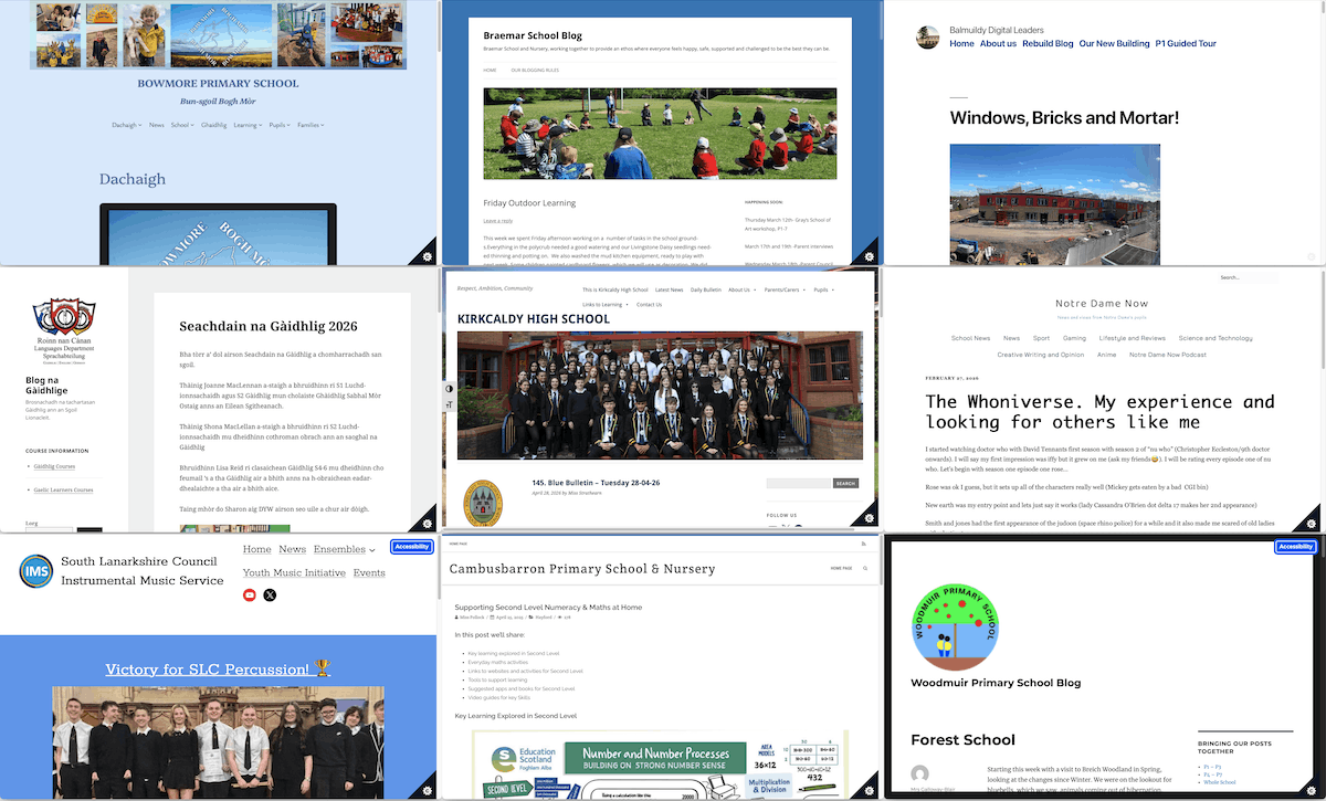 A montage of screenshot of the webpages discussed in the article. Bowmore Primary School – Bun-sgoil Bogh Mòr Friday Outdoor Learning | Braemar School Blog Blog – Balmuildy Digital Leaders Seachdain na Gàidhlig 2026 – Blog na Gàidhlige 145. Blue Bulletin – Tuesday 28-04-26 The Whoniverse. My experience and looking for others like me – Notre Dame Now Victory for SLC Percussion! 🏆 – South Lanarkshire Council Instrumental Music Service Supporting Second Level Numeracy & Maths at Home – Cambusbarron Primary School & Nursery Forest School – Woodmuir Primary School Blog