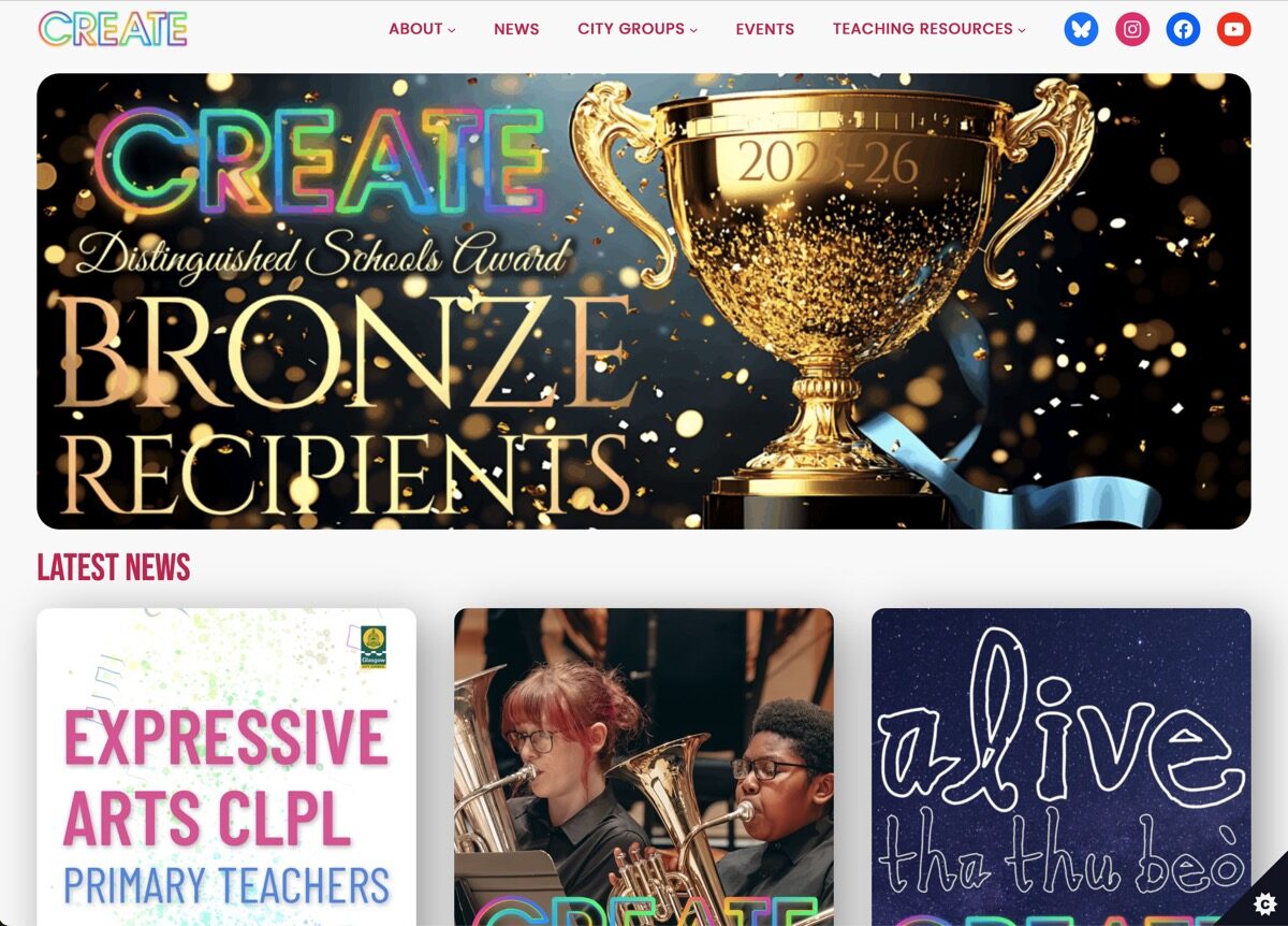 Screenshot of Glasgow CREATE website homepage featuring a Distinguished Schools Award bronze-recipient banner, navigation links, and three latest-news cards.