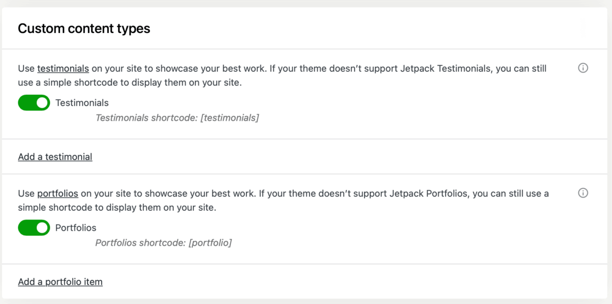 screenshot of custom content type section
