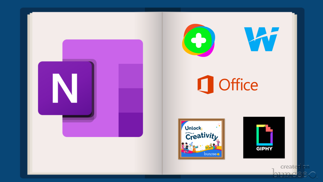 Buncee image with the image of a notebook with logos for OneNote, Flipgrid, Wakelet. Office, Buncee and Giphy