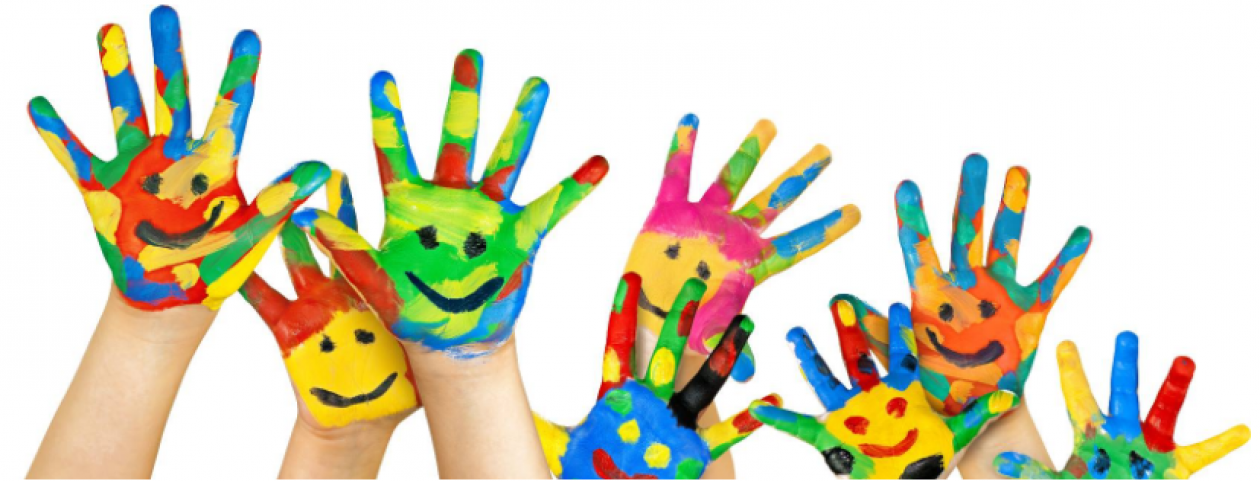 raised and painted hands of children