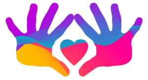 symbol of two colourful hands with a heart in the middlle