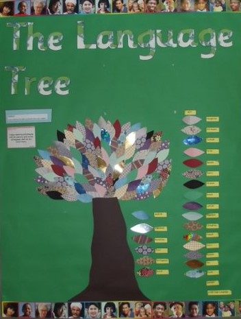 This poster shows a tree with leaves. Each leaf represents the languages spoken by grandparents of children attending the nursery at Riverbank Primary in Aberdeen.