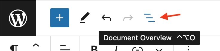 Screenshot of top toolbar with document overview icon pointed out