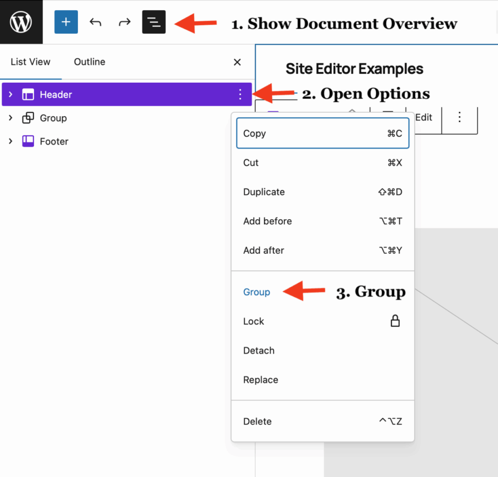 Screenshot of the site editpr. The document overview is open and some elements are labeled.
