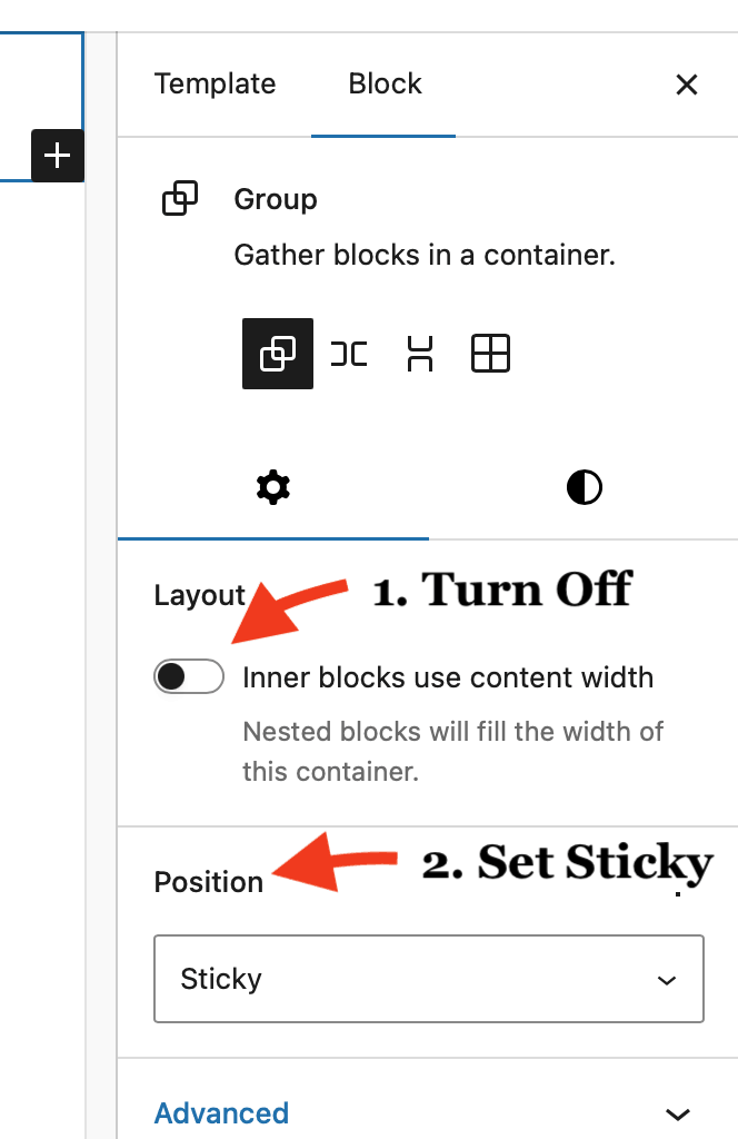 Screnshot of the Site Editor, the Seeting sidebar a group block is selected.