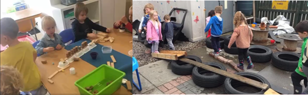 early years children walking across self built bridges of tryes and wood. Children also creating a prototype bridge using wooden blocks in classroom