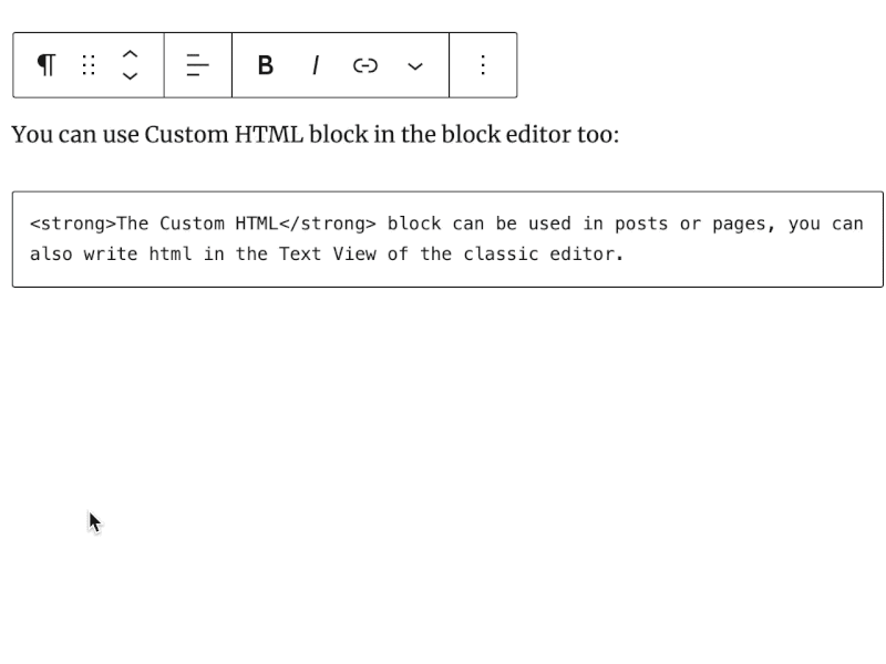 Animation of the Custom HTML WordPress block.