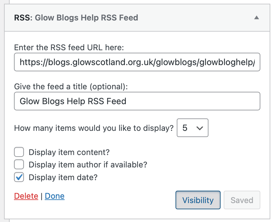 Screenshot of the RSS widget being edited.